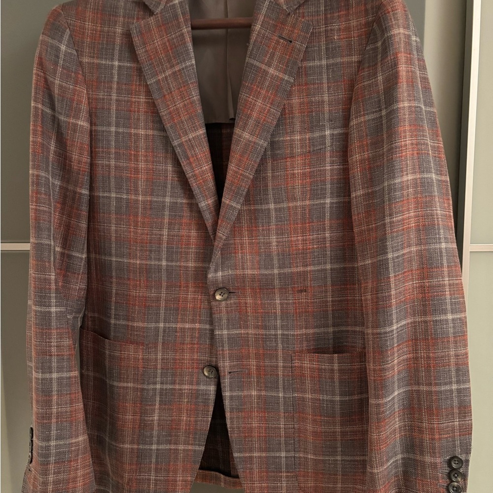 Canali Kei 38R - burnt orange/ blue grey check blazer. Surgeon cuff unstructured